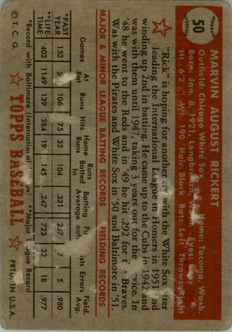 1952 Topps #50 Marv Rickert RC back image