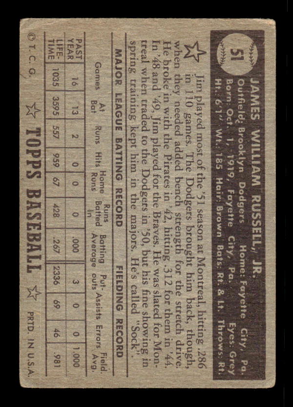 1952 Topps #51A Jim Russell Black back image