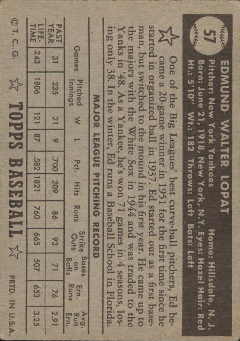 1952 Topps #57A Ed Lopat Black back image