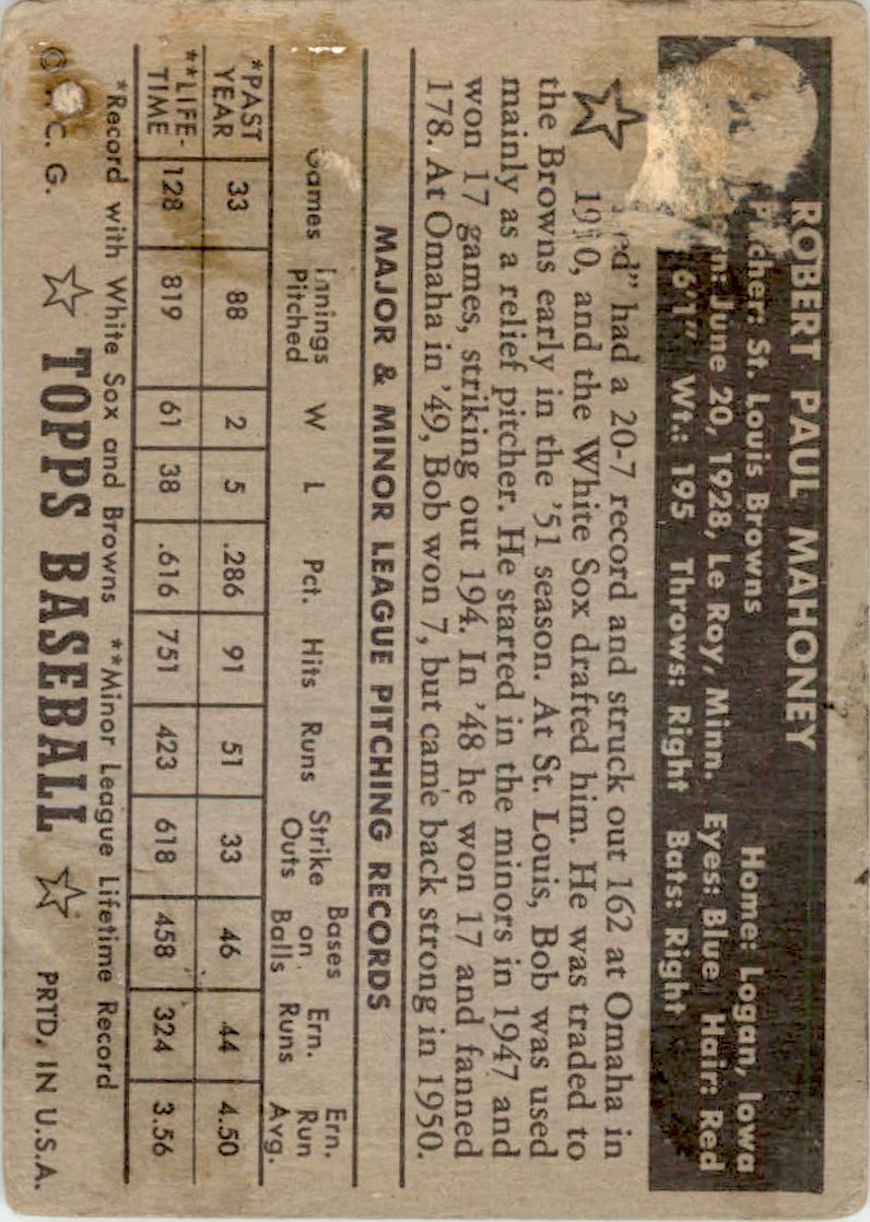 1952 Topps #58A Bob Mahoney Black RC back image