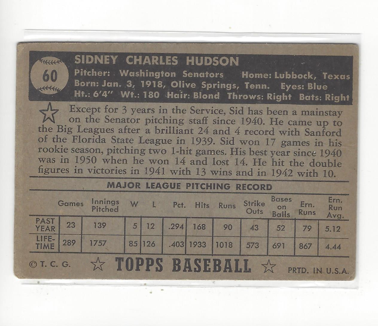 1952 Topps #60A Sid Hudson Black back image