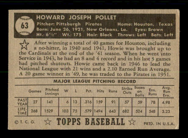 1952 Topps #63 Howie Pollet back image