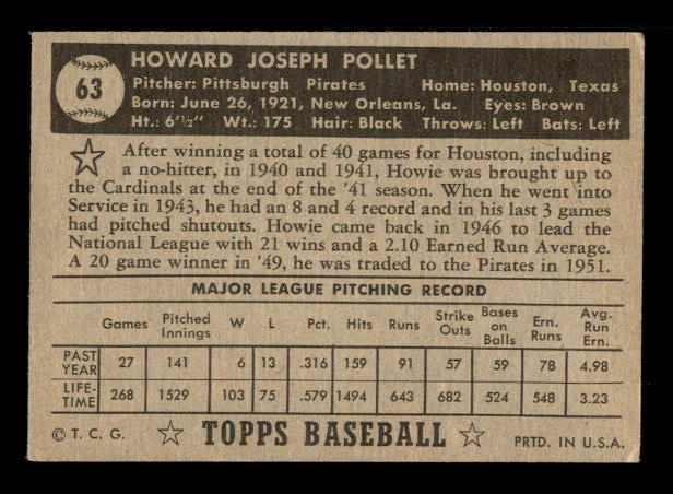 1952 Topps #63A Howie Pollet Black back image