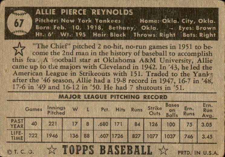 1952 Topps #67A Allie Reynolds Black back image