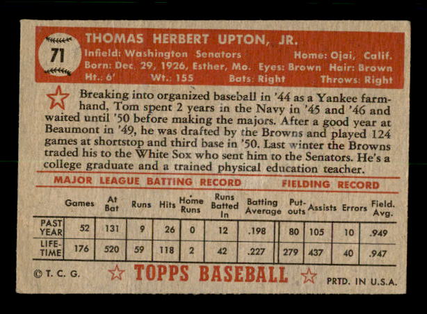 1952 Topps #71 Tom Upton RC back image