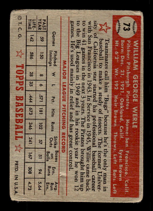1952 Topps #73 Bill Werle back image