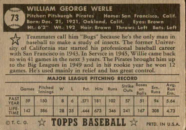 1952 Topps #73A Bill Werle Black back image