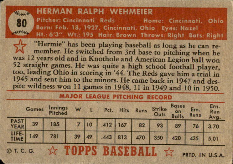 1952 Topps #80 Herman Wehmeier back image