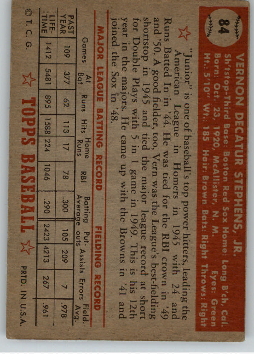 1952 Topps #84 Vern Stephens back image