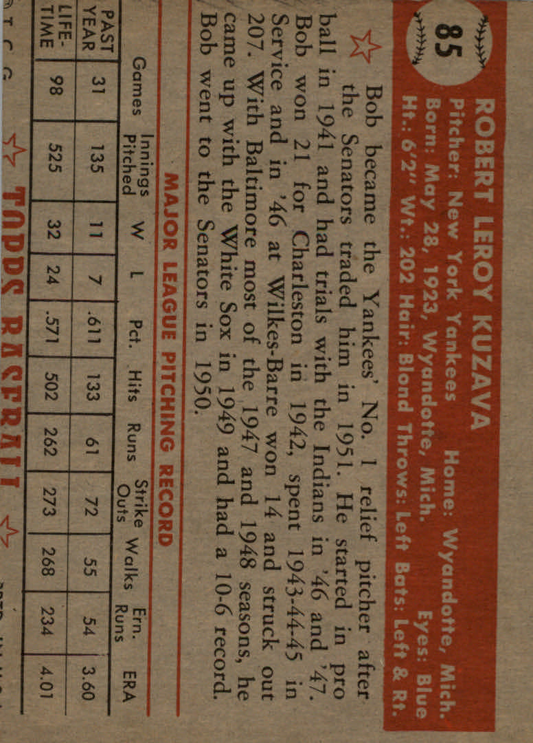1952 Topps #85 Bob Kuzava back image