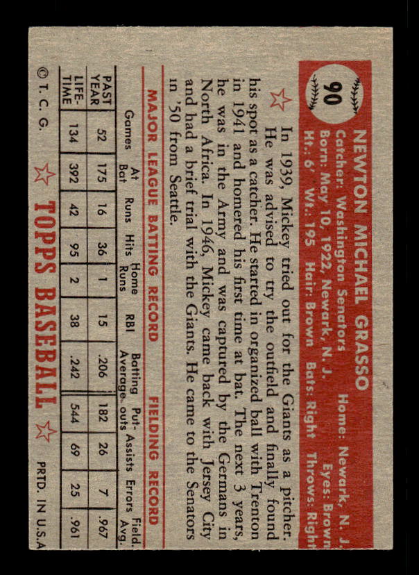 1952 Topps #90 Mickey Grasso back image