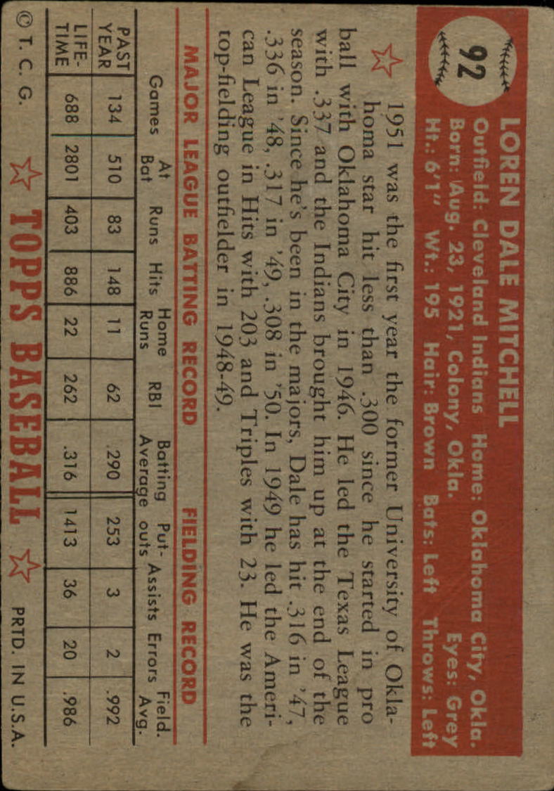 1952 Topps #92 Dale Mitchell back image