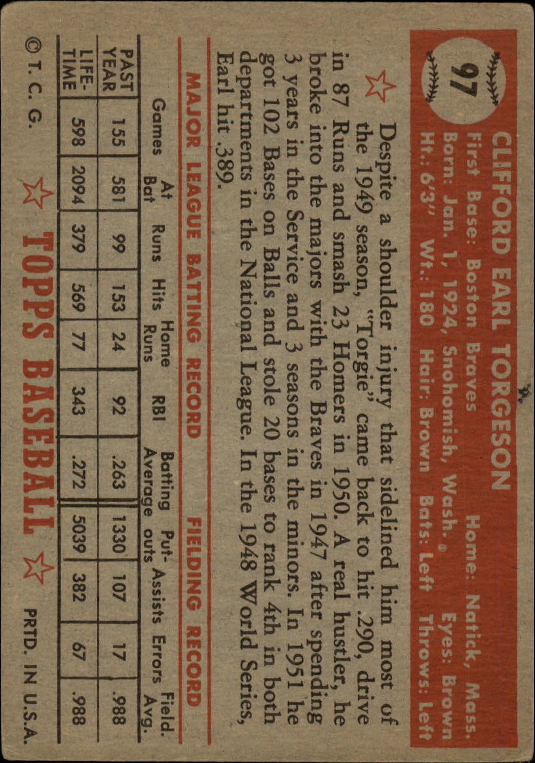 1952 Topps #97 Earl Torgeson back image