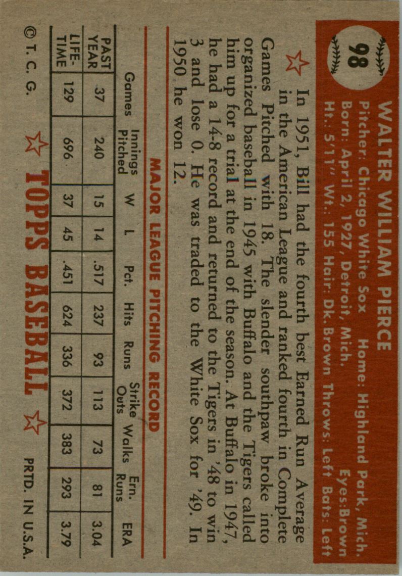 1952 Topps #98 Billy Pierce back image