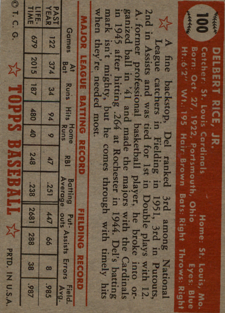 1952 Topps #100 Del Rice back image