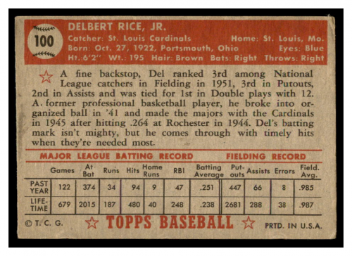 1952 Topps #100 Del Rice back image