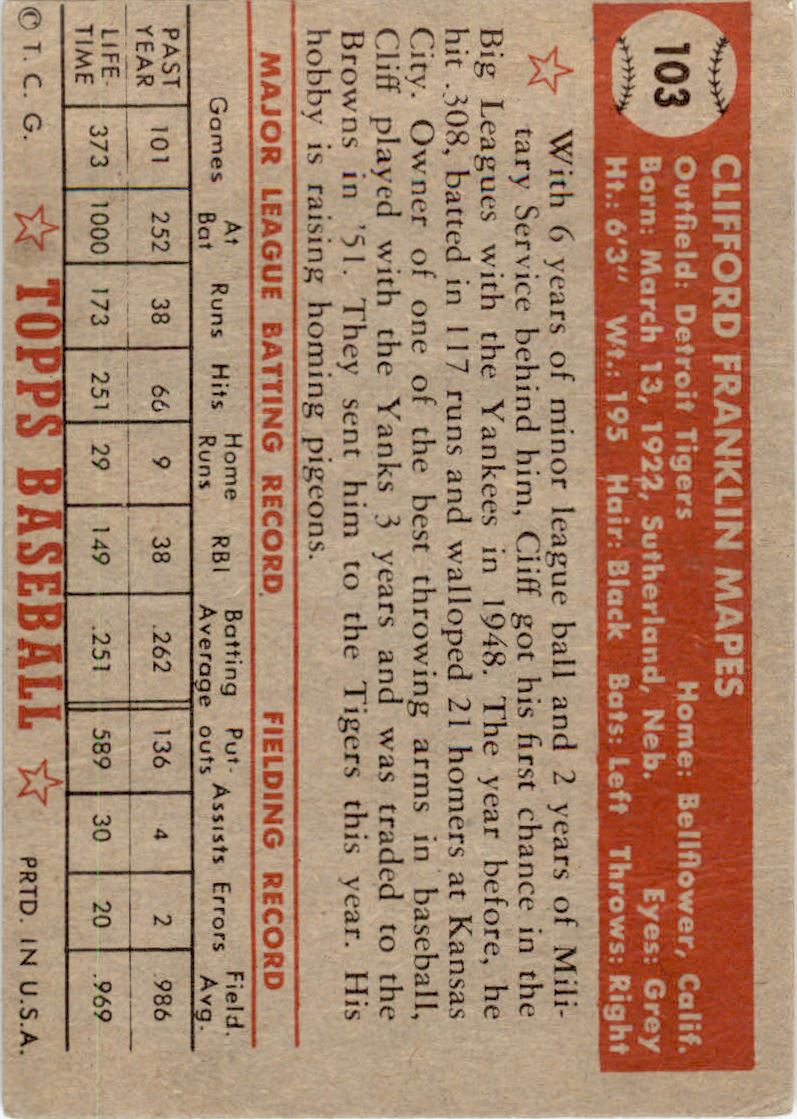 1952 Topps #103 Cliff Mapes back image