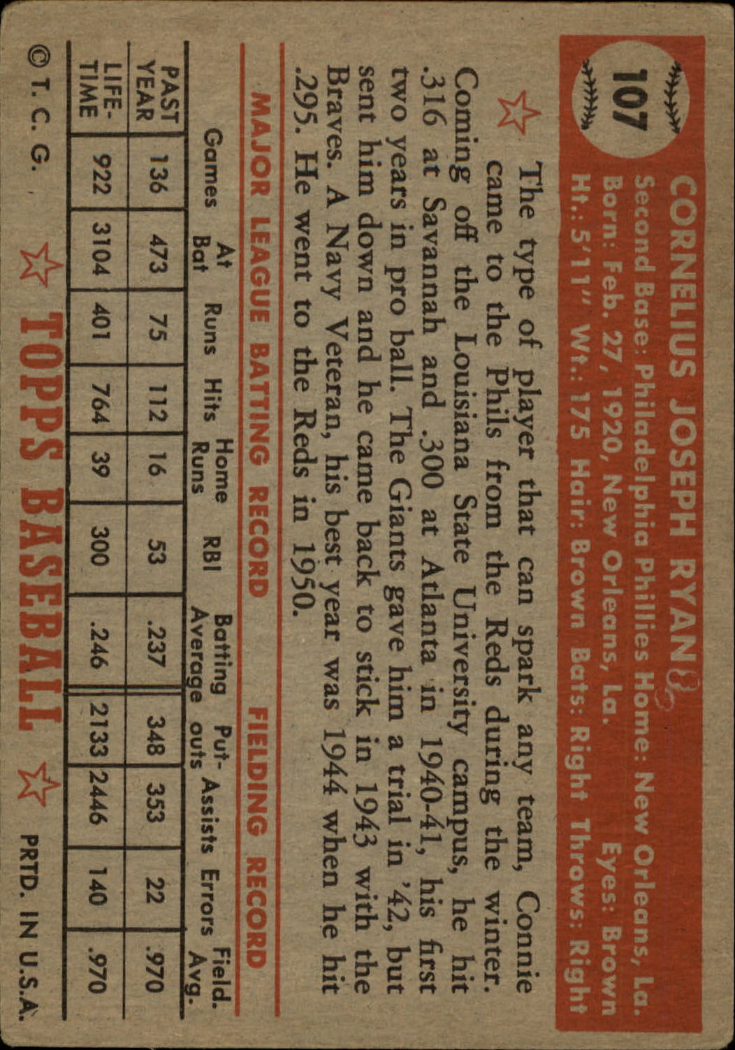 1952 Topps #107 Connie Ryan back image