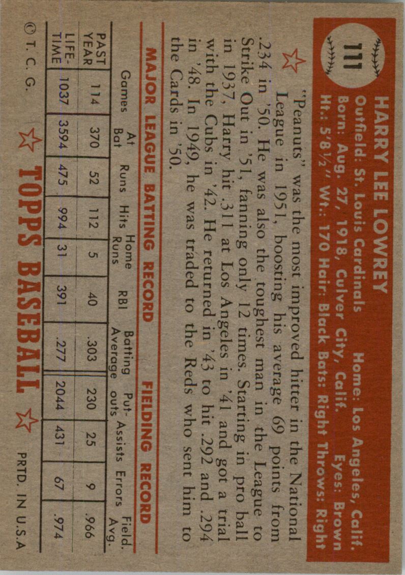 1952 Topps #111 Peanuts Lowrey back image