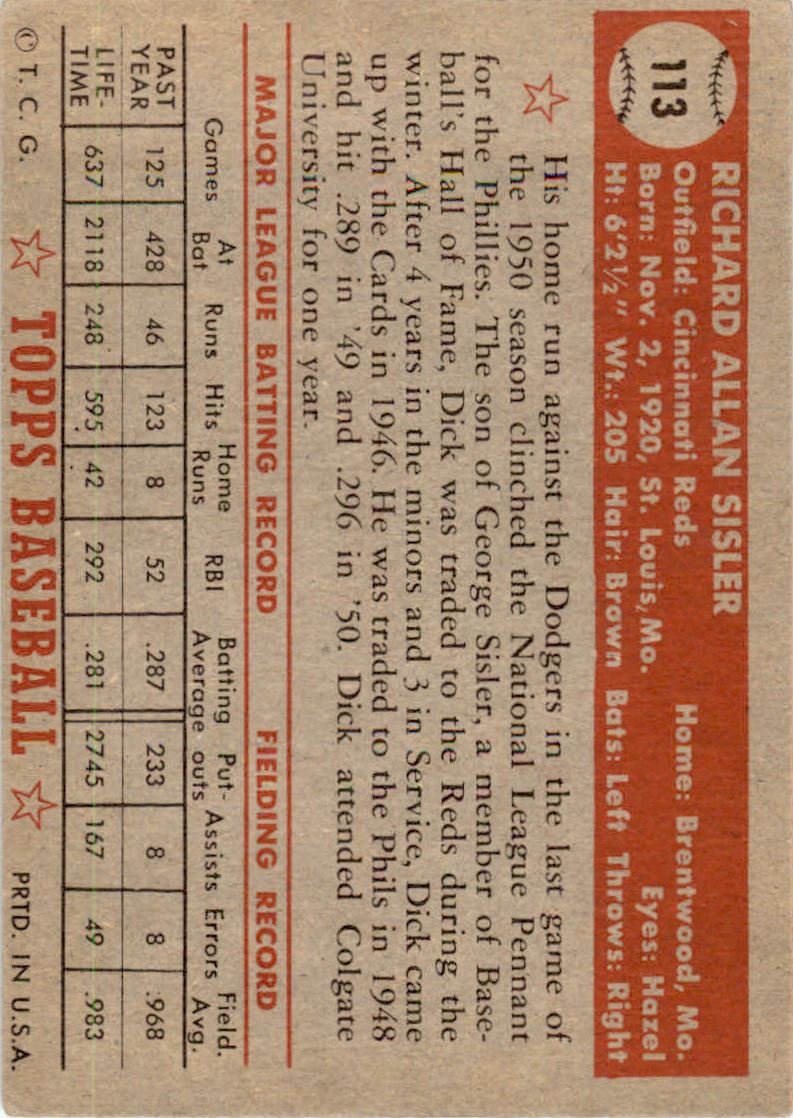 1952 Topps #113 Dick Sisler back image