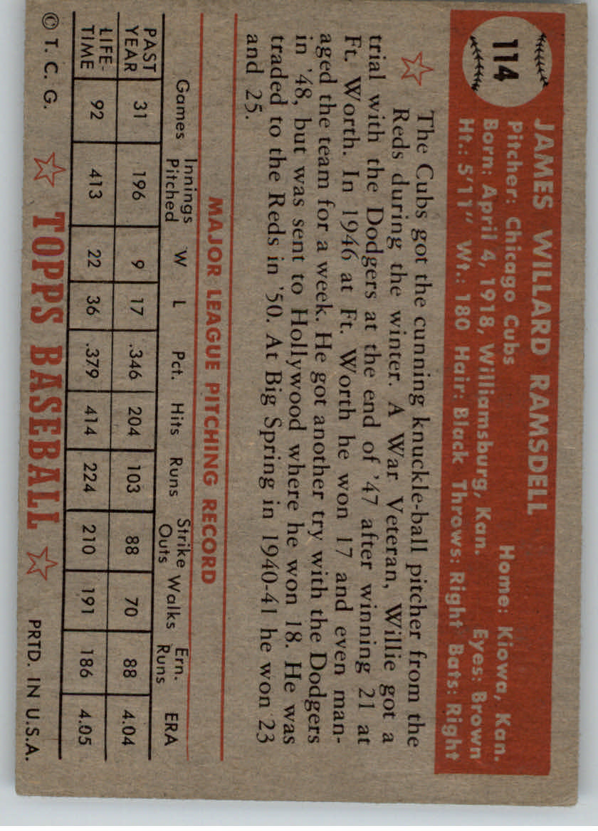 1952 Topps #114 Willard Ramsdell back image