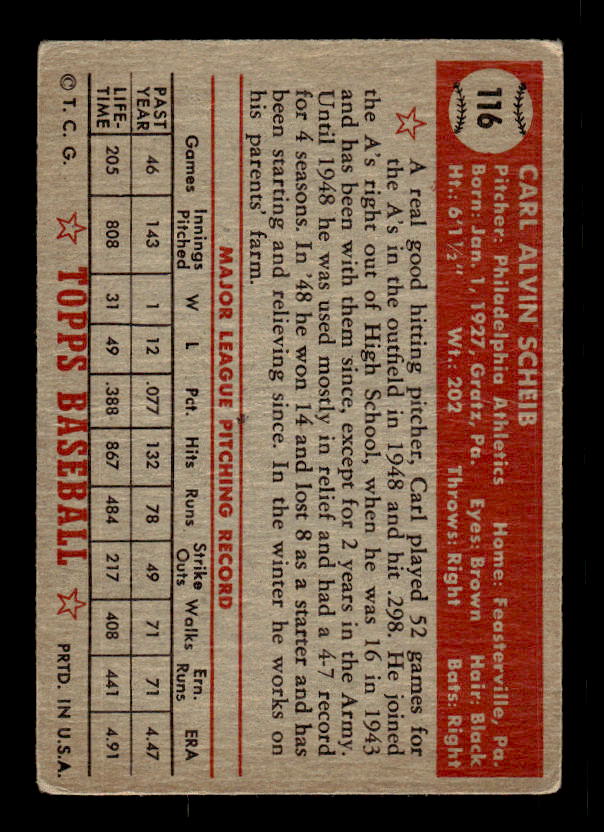 1952 Topps #116 Carl Scheib back image