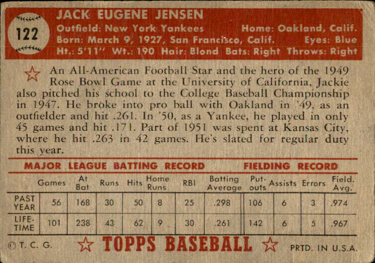 1952 Topps #122 Jackie Jensen back image