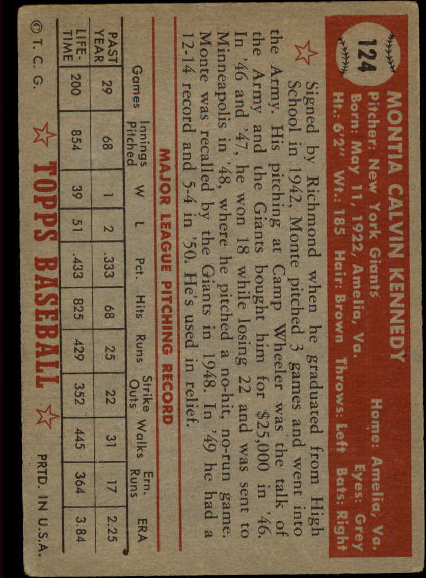 1952 Topps #124 Monte Kennedy back image