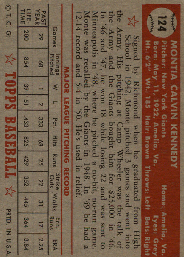 1952 Topps #124 Monte Kennedy back image