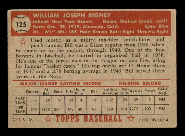 1952 Topps #125 Bill Rigney back image