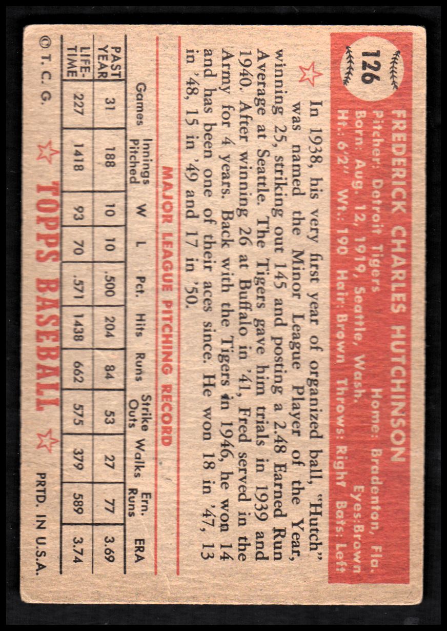 1952 Topps #126 Fred Hutchinson back image