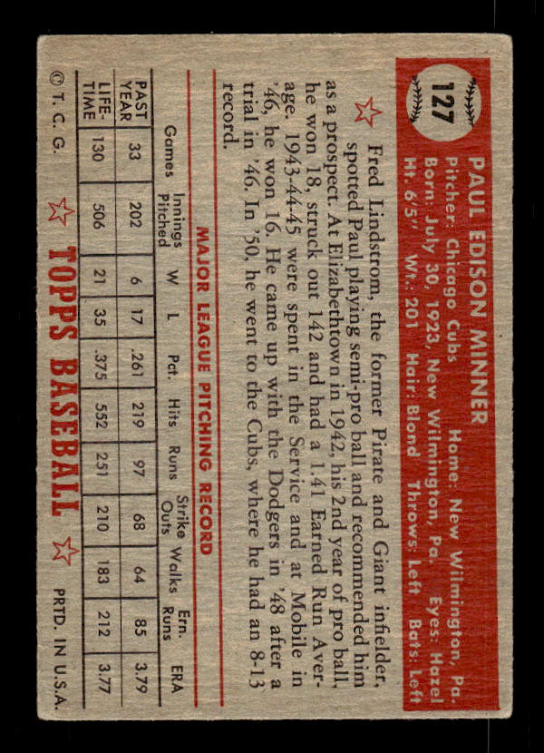 1952 Topps #127 Paul Minner RC back image