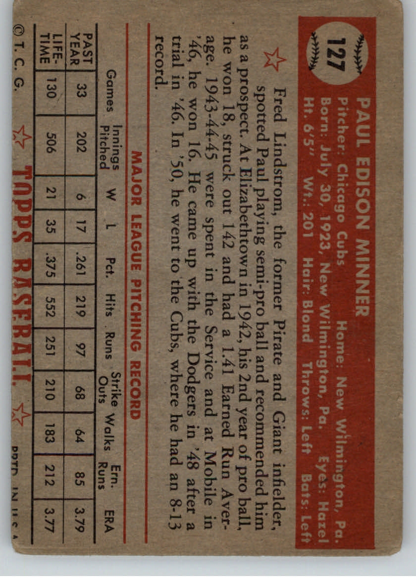 1952 Topps #127 Paul Minner RC back image