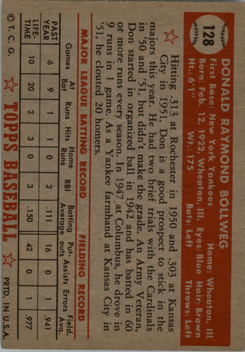 1952 Topps #128 Don Bollweg RC back image