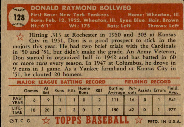 1952 Topps #128 Don Bollweg RC back image