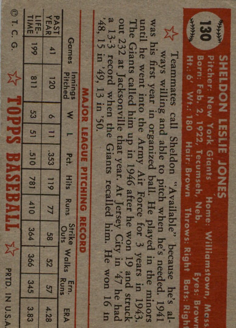 1952 Topps #130 Sheldon Jones back image