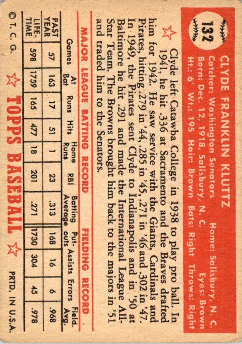 1952 Topps #132 Clyde Kluttz RC back image