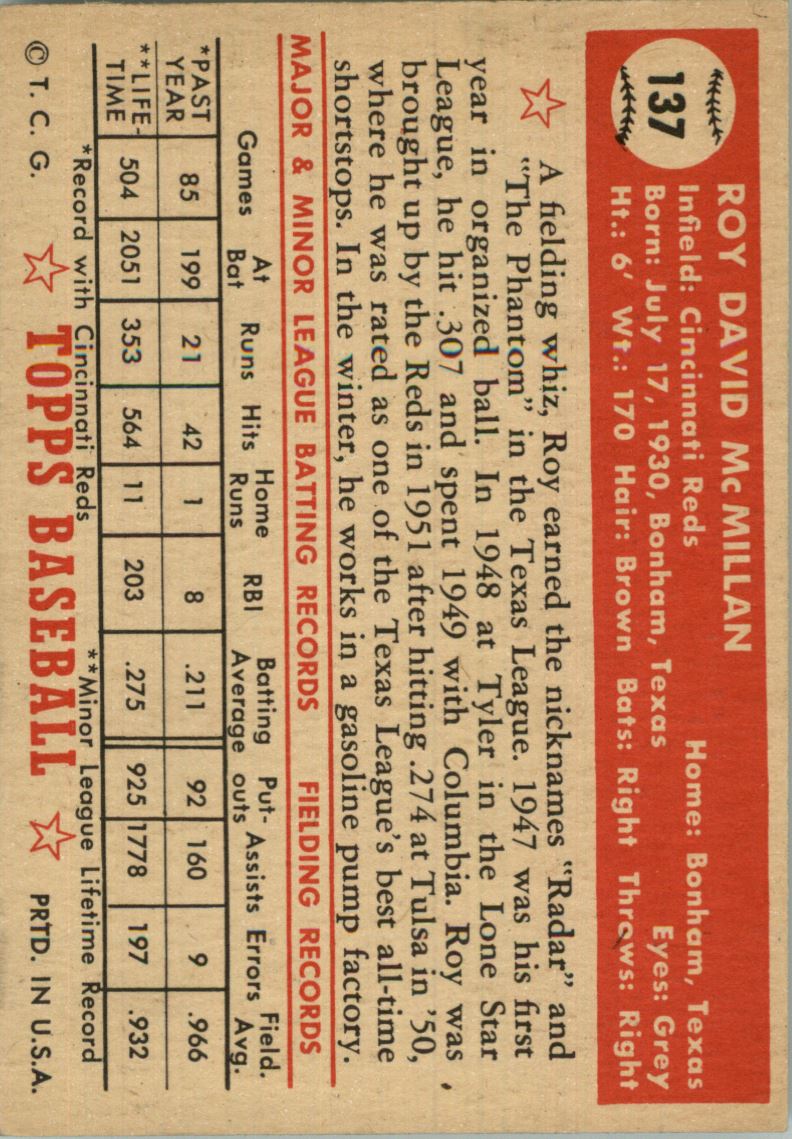 1952 Topps #137 Roy McMillan RC back image