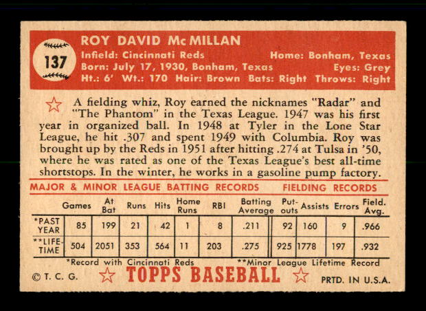 1952 Topps #137 Roy McMillan RC back image