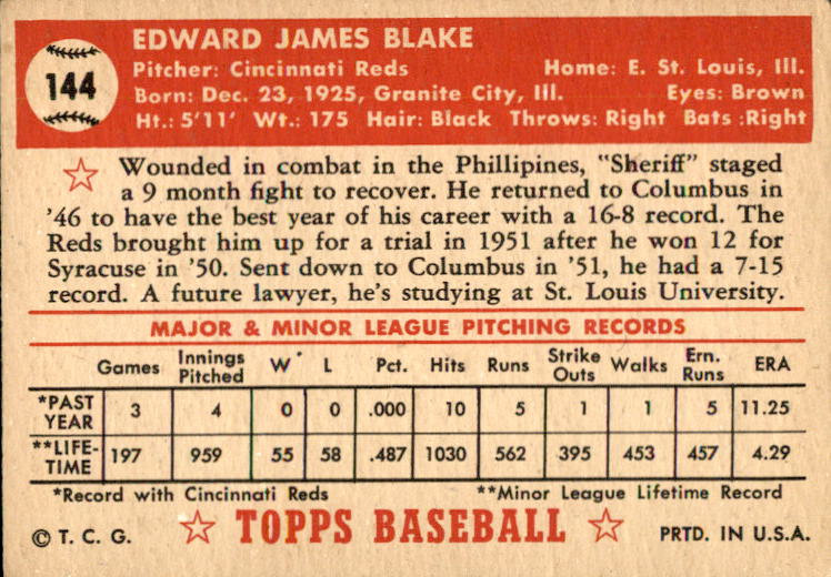 1952 Topps #144 Ed Blake RC back image