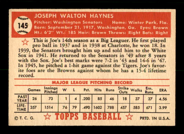 1952 Topps #145 Joe Haynes back image