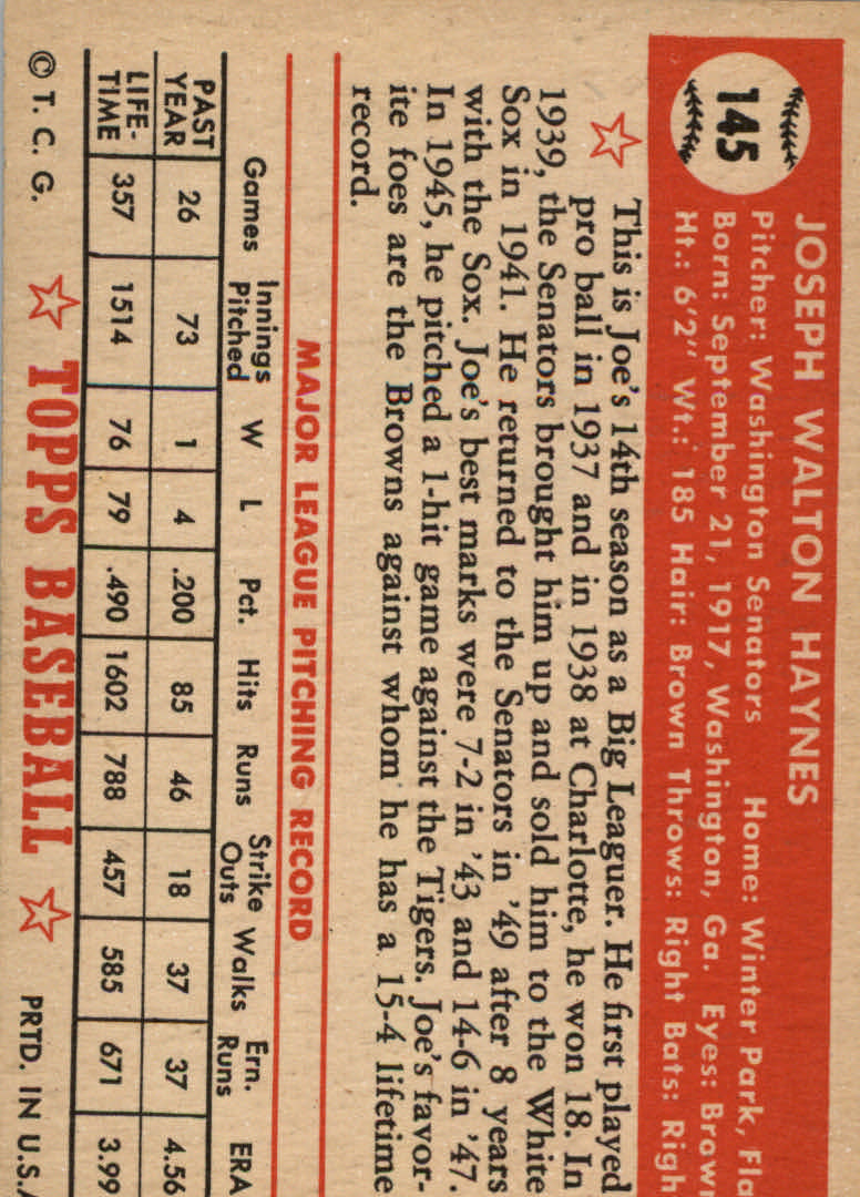 1952 Topps #145 Joe Haynes back image