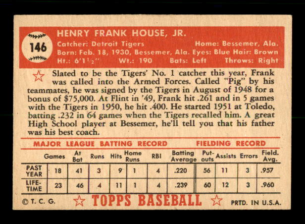 1952 Topps #146 Frank House RC back image