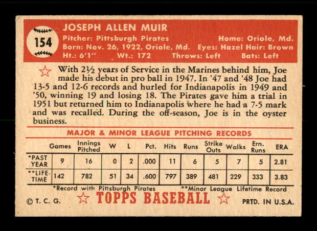 1952 Topps #154 Joe Muir RC back image