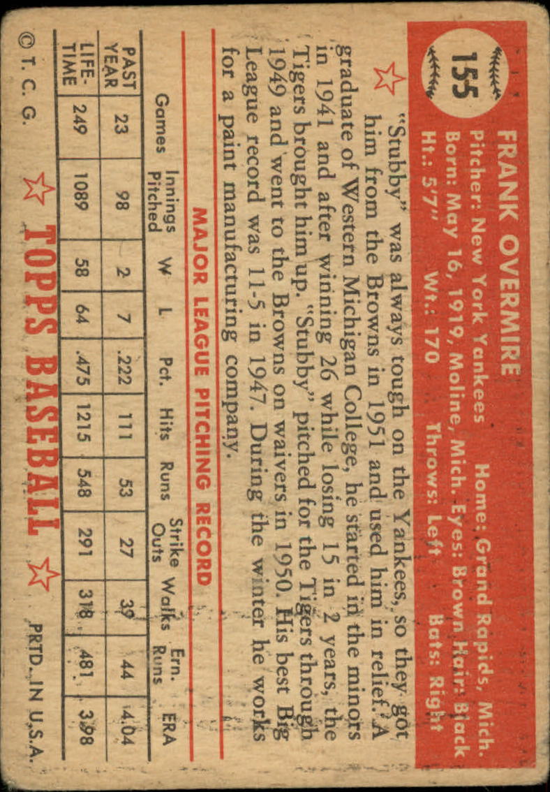 1952 Topps #155 Frank Overmire back image