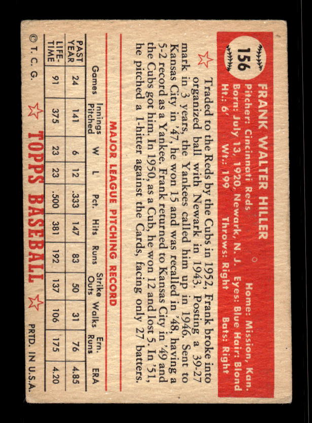 1952 Topps #156 Frank Hiller RC back image