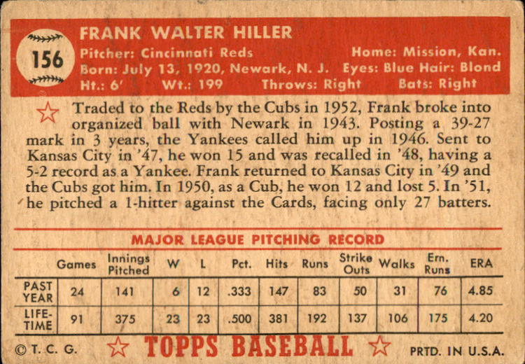 1952 Topps #156 Frank Hiller RC back image