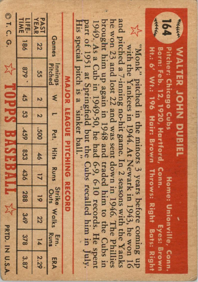 1952 Topps #164 Walt Dubiel back image