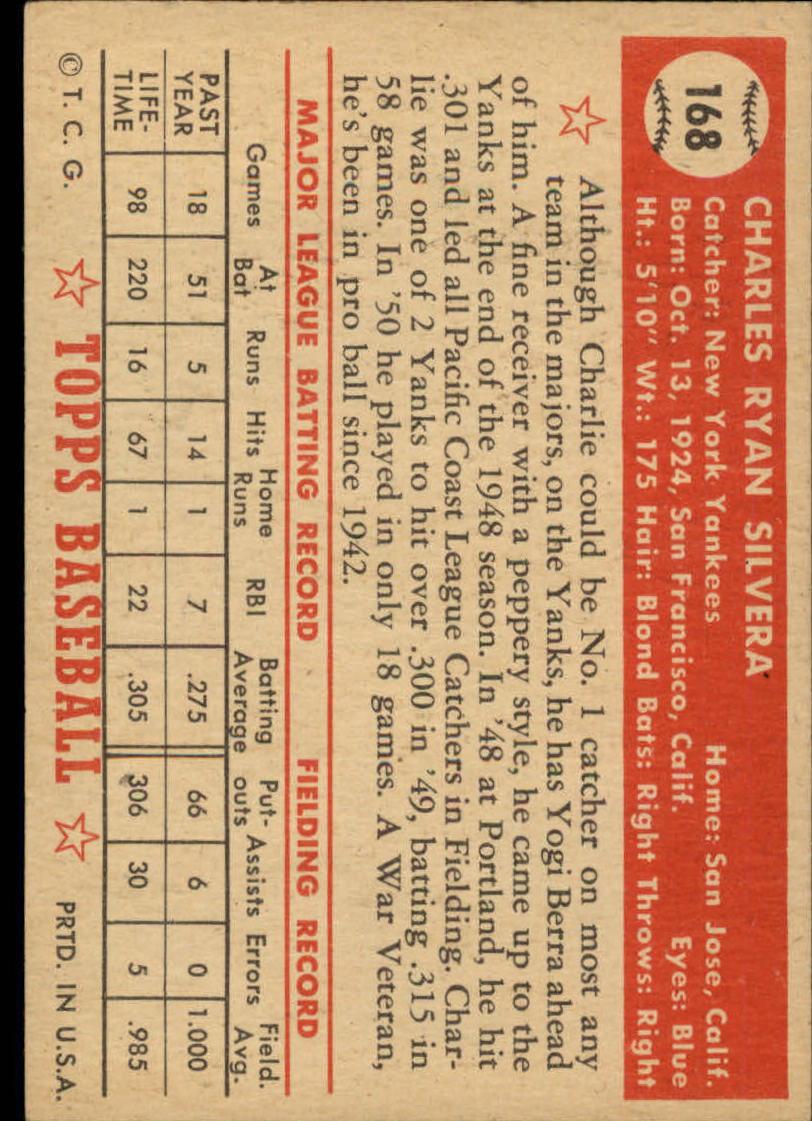 1952 Topps #168 Charlie Silvera RC back image
