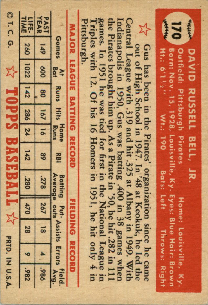 1952 Topps #170 Gus Bell back image